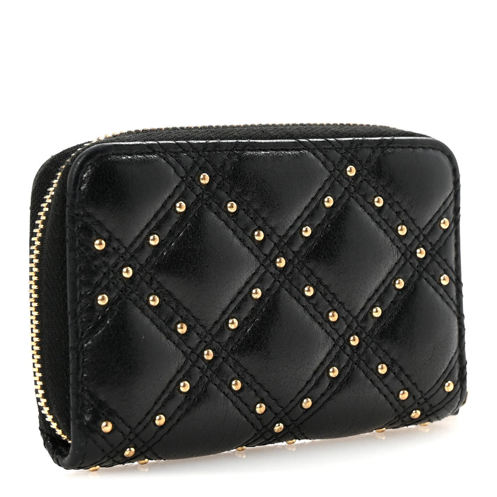 Lambskin Studded Quilted Compact Zip Around Wallet Black