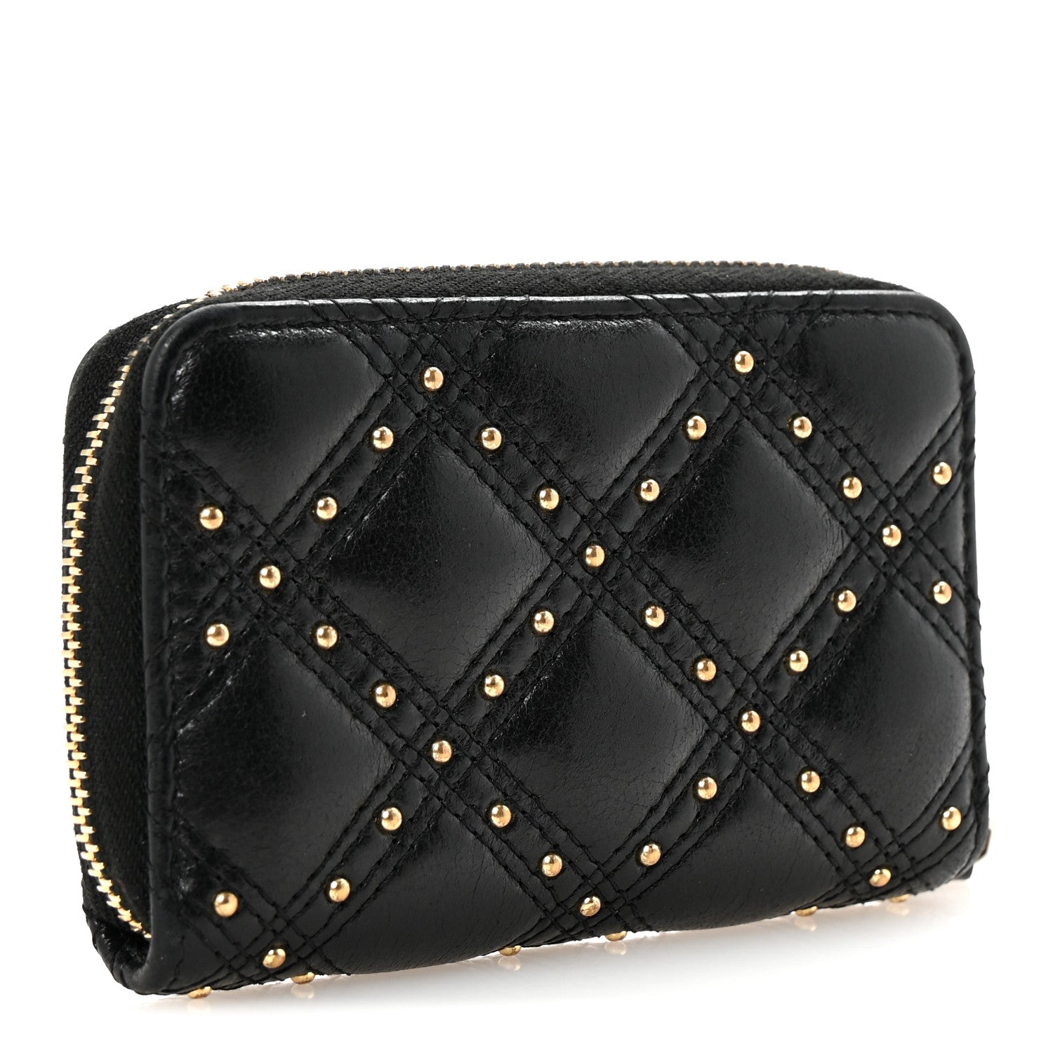 Lambskin Studded Quilted Compact Zip Around Wallet Black