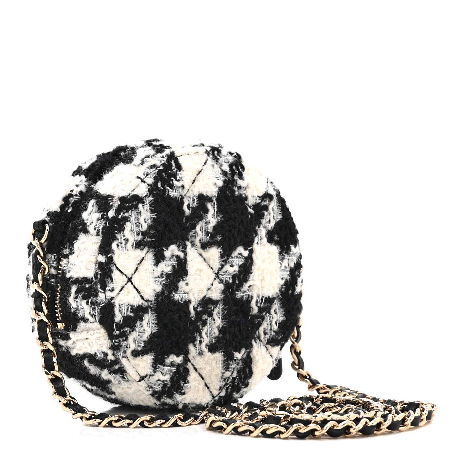Chanel Wool Tweed Lambskin Quilted Round Clutch With Chain and Coin Purse Black White