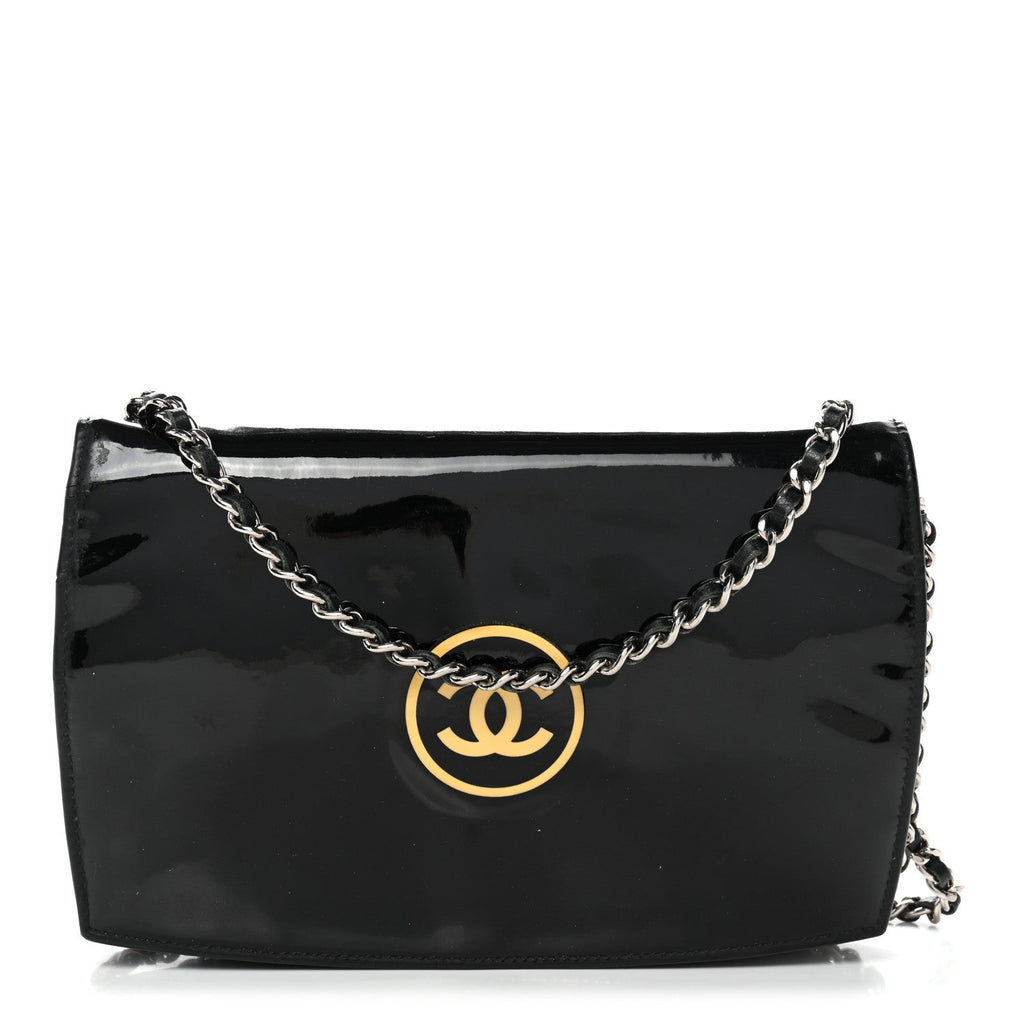 Chanel Patent CC Compact Wallet on Chain WOC Black