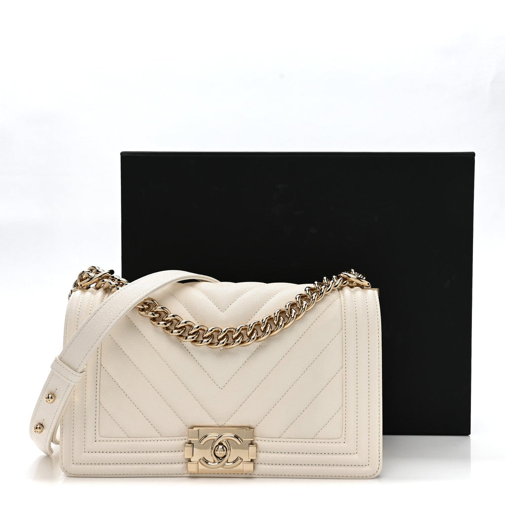 Chanel Caviar Chevron Quilted Medium Boy Flap White