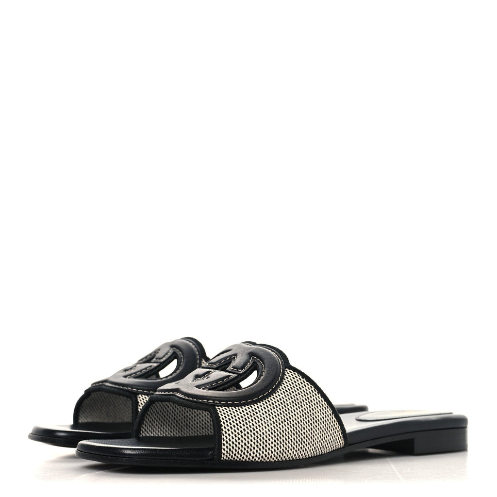 Gucci Canvas Rice Cosmos Softy Calfskin Interlocking G Cut Out Slide Sandals 37.5 Black Natural