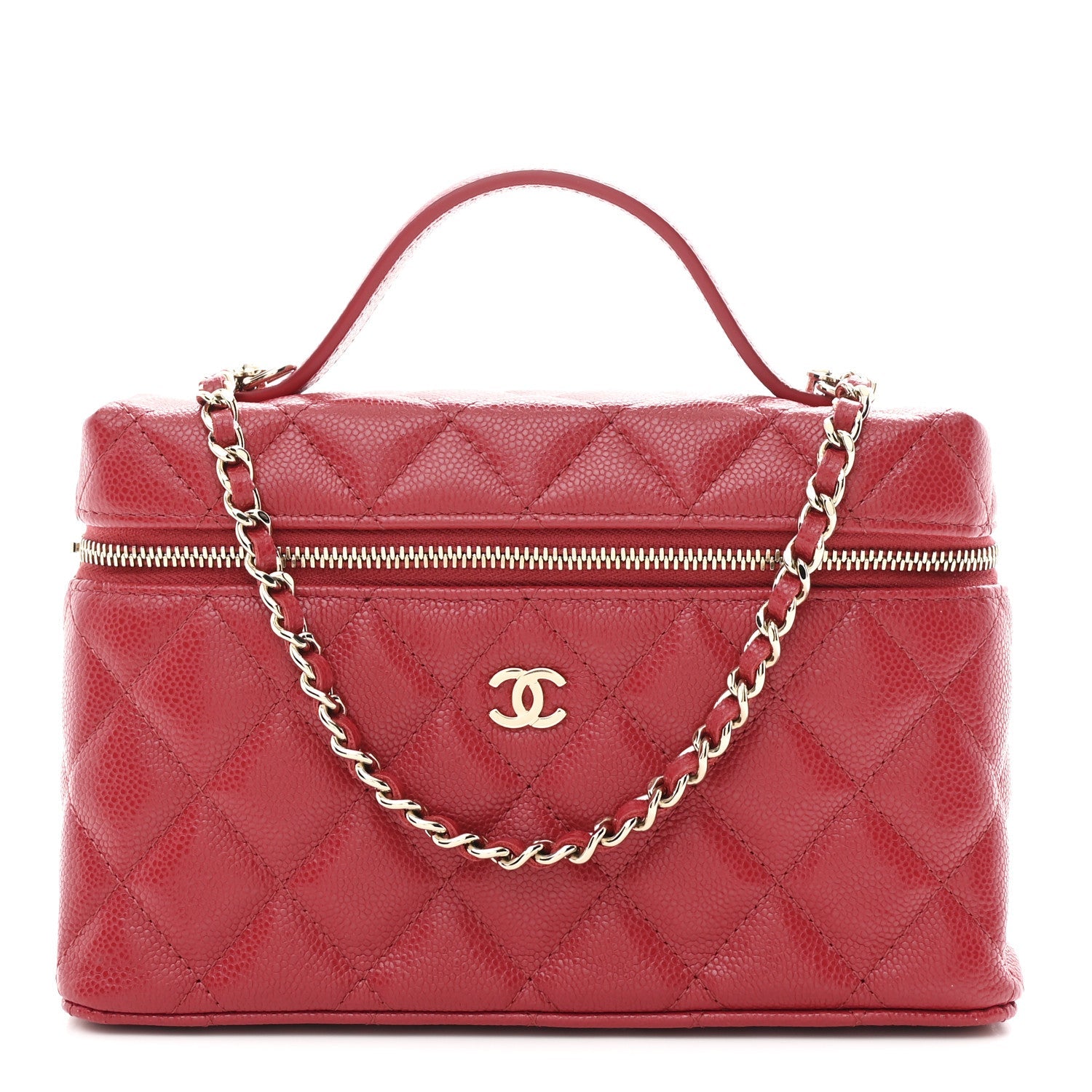 Chanel Caviar Quilted Top Handle Slim Vanity With Chain Red