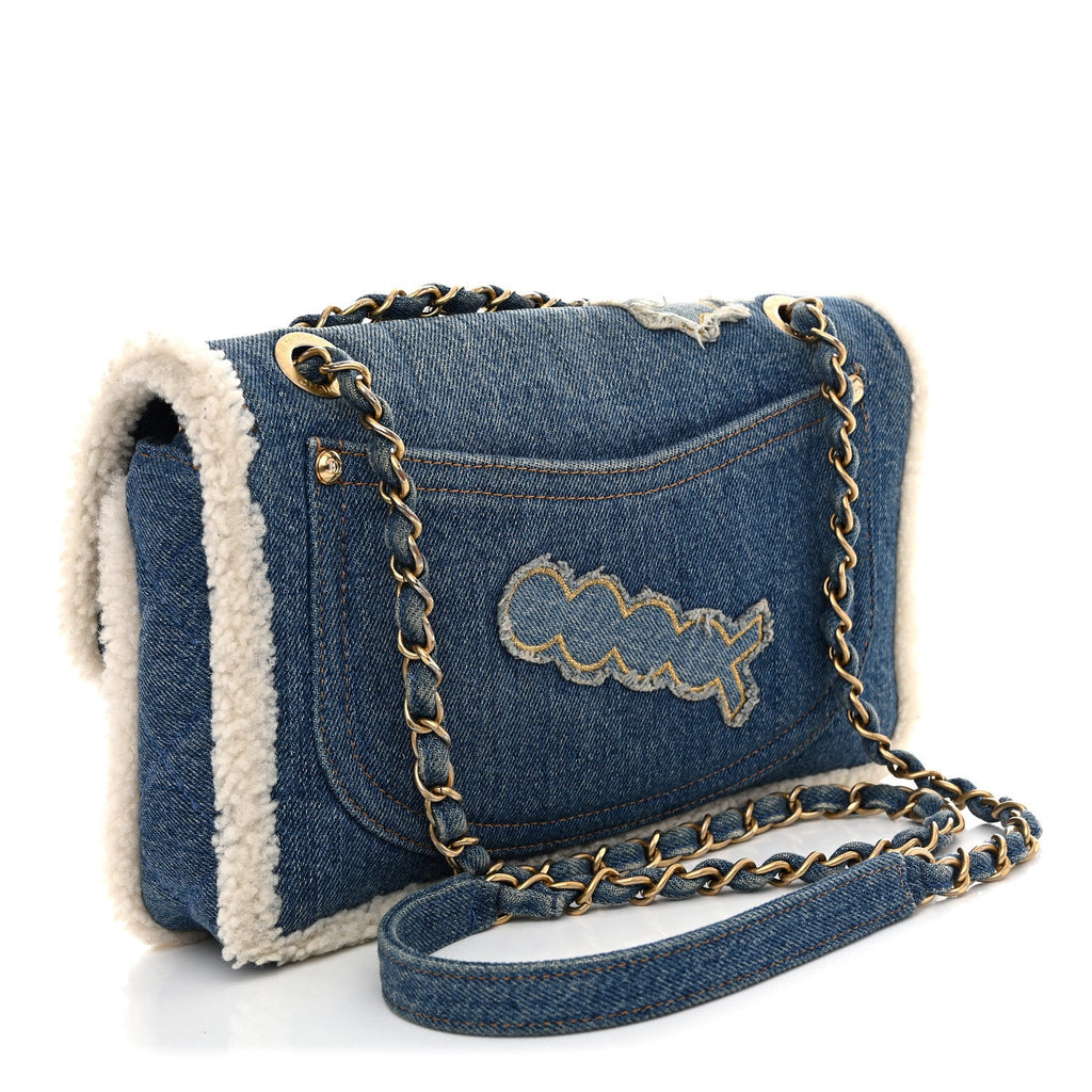 Chanel Denim Shearling Hieroglyph Flap Blue