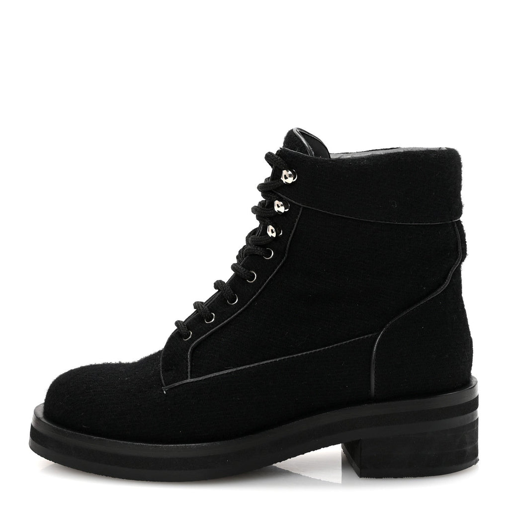 Chanel Tweed Lace Up Short Boots 37 Black