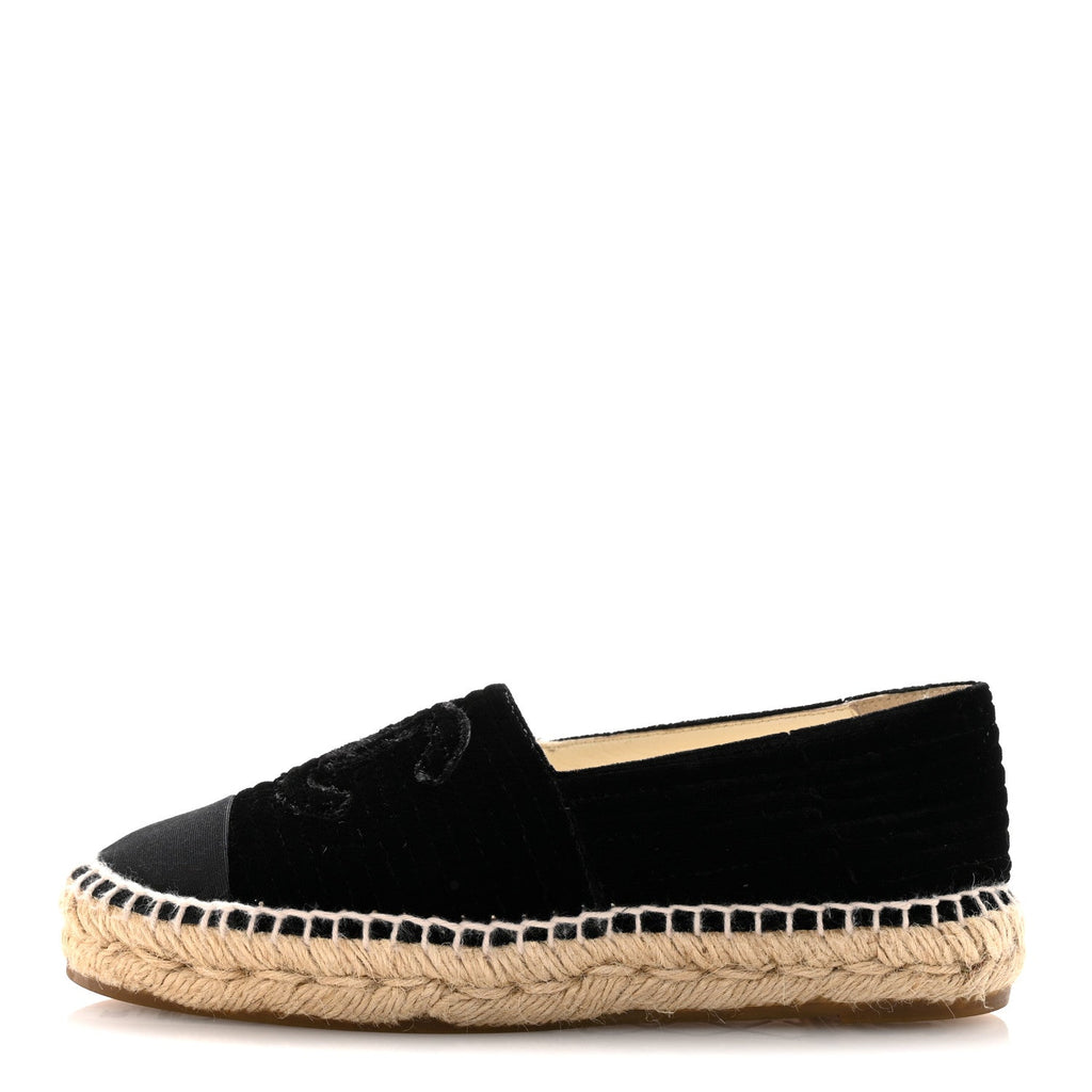 Chanel Velvet Grosgrain Quilted CC Espadrilles 35 Black