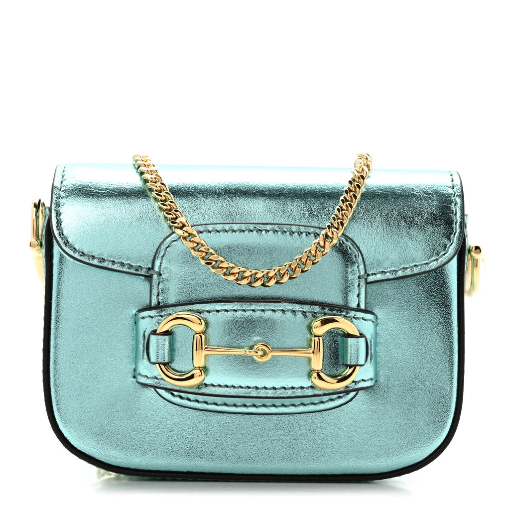 Gucci Metallic Calfskin Super Mini Horsebit 1955 Shoulder Bag Light Blue