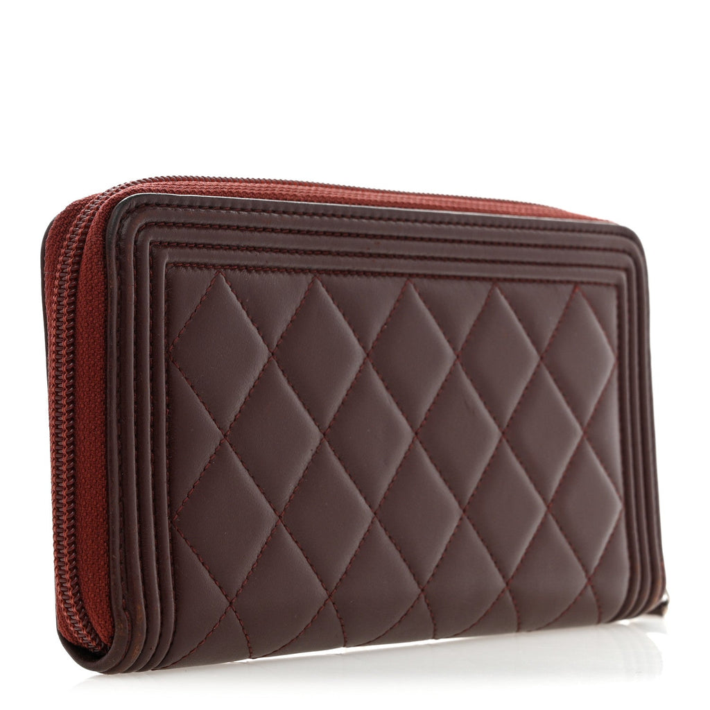 Lambskin Quilted Boy Zip Around Wallet Burgundy