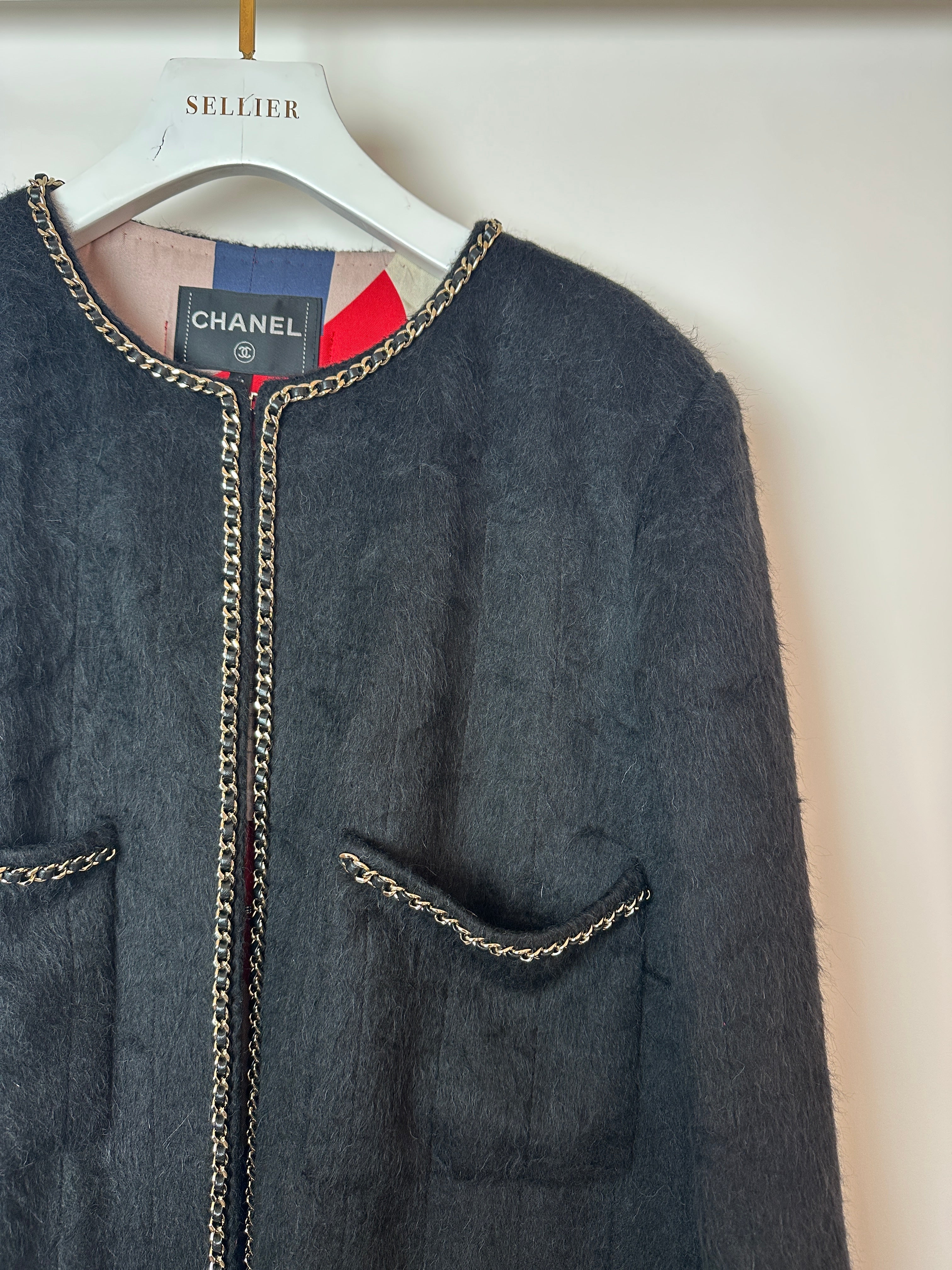 *HOT* Chanel 19A Black Llama & Wool Coat with Gold Chain Trim and CC Buttons Size FR 44 (UK 12) RRP £6,730