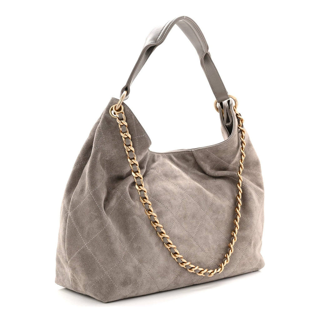 Chanel Suede Quilted Large Hobo Dark Grey