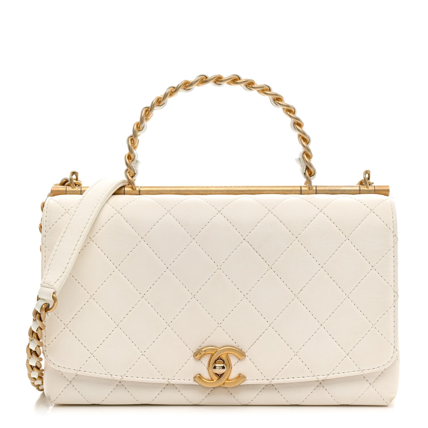 Chanel Lambskin Quilted La Parisienne Top Handle Flap White