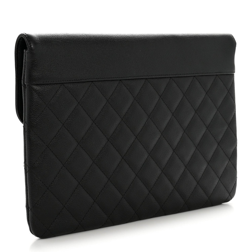 Grained Calfskin Quilted CC Box Pouch Black