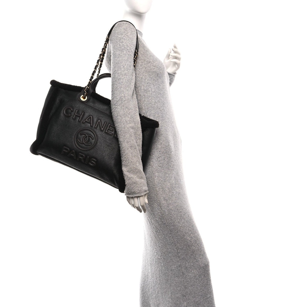 Chanel Lambskin Shearling Medium Deauville Tote Dark Brown
