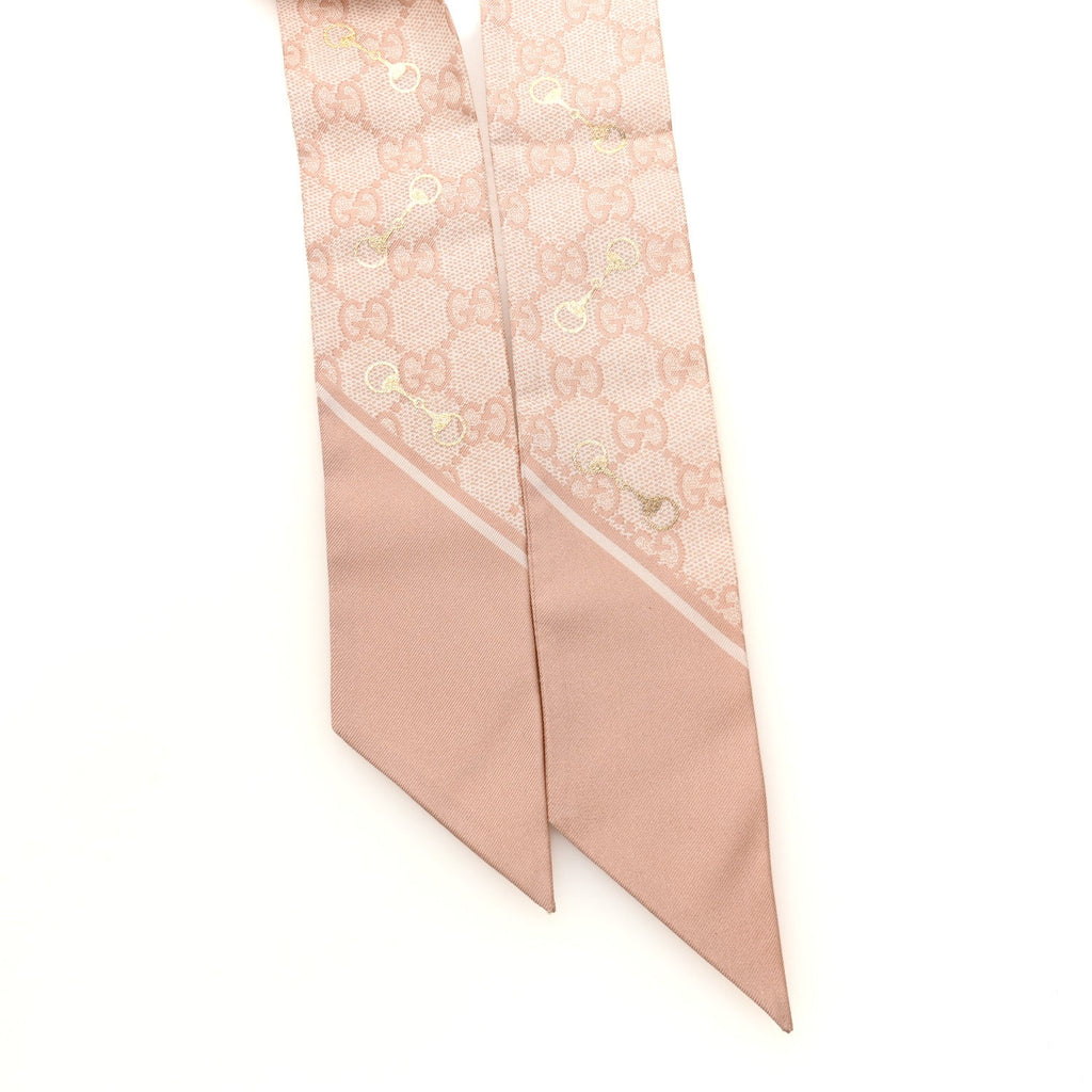 Gucci Silk Twill GG Monogram Gold Horsebity Neck Bow Scarf Pink
