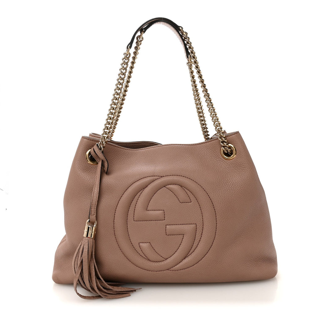 Gucci Pebbled Calfskin Medium Soho Chain Shoulder Bag Camelia