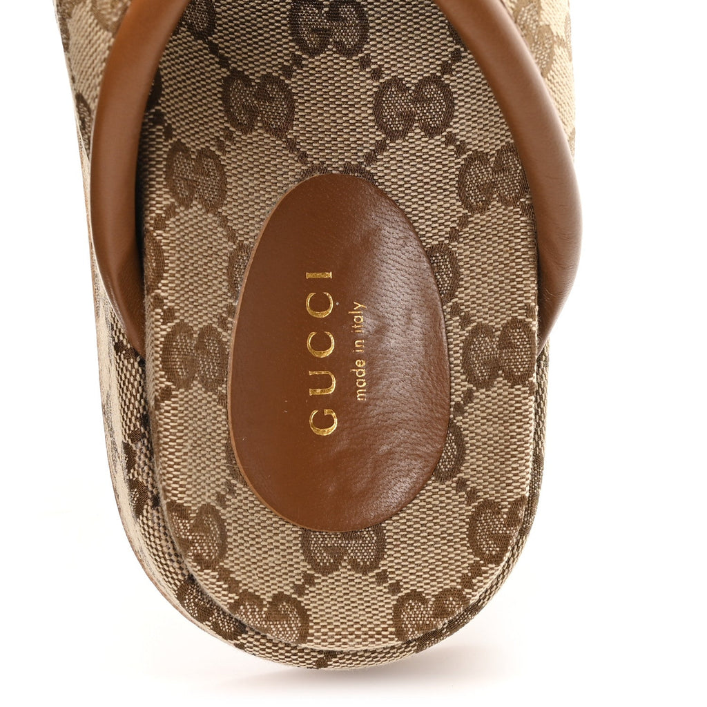 Gucci Monogram GG Calfskin Angelina Platform 55mm Slide Sandals 35 Camel Ebony