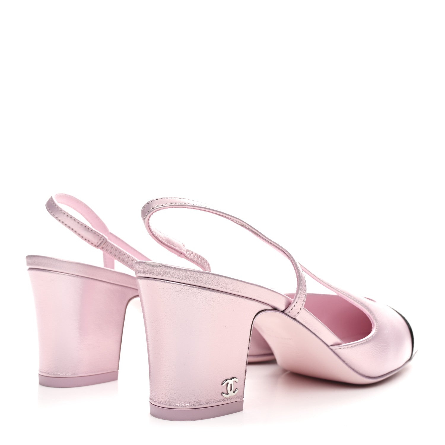 Laminated Lambskin Patent Cap Toe CC Slingback Pumps 37 Light Pink Black