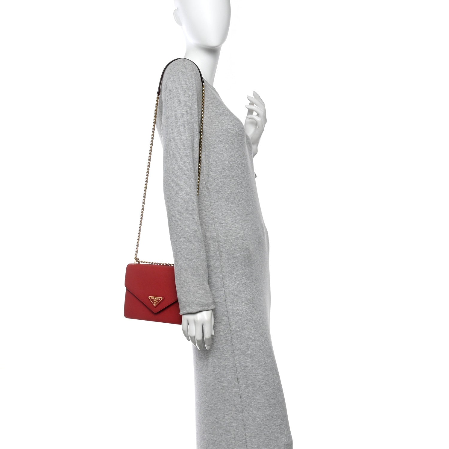 Prada Saffiano Soft Calfskin Metal Triangle Logo Envelope Chain Shoulder Bag Fuoco