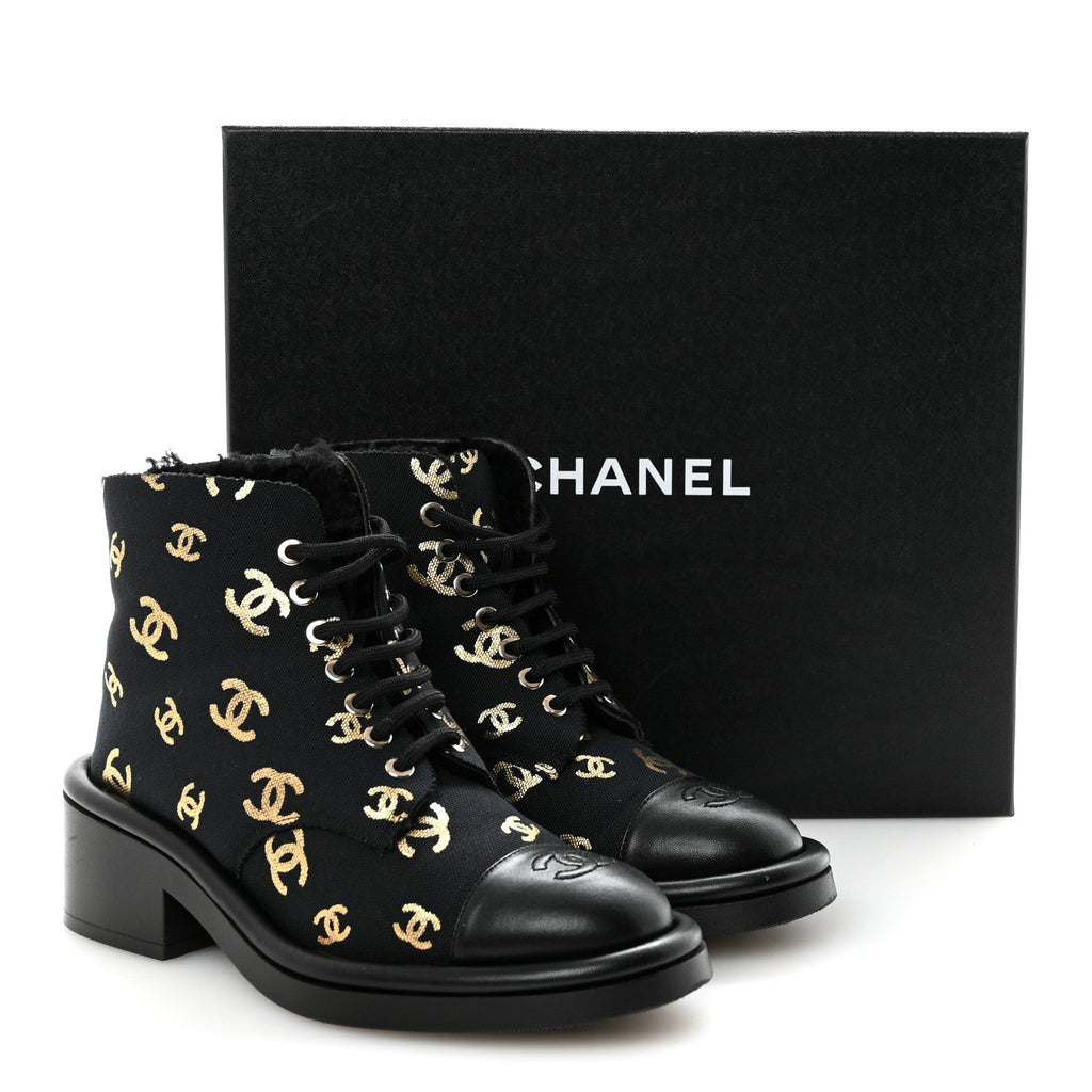Lambskin Shearling Canvas CC Lace Up Boots 36.5 Black Gold