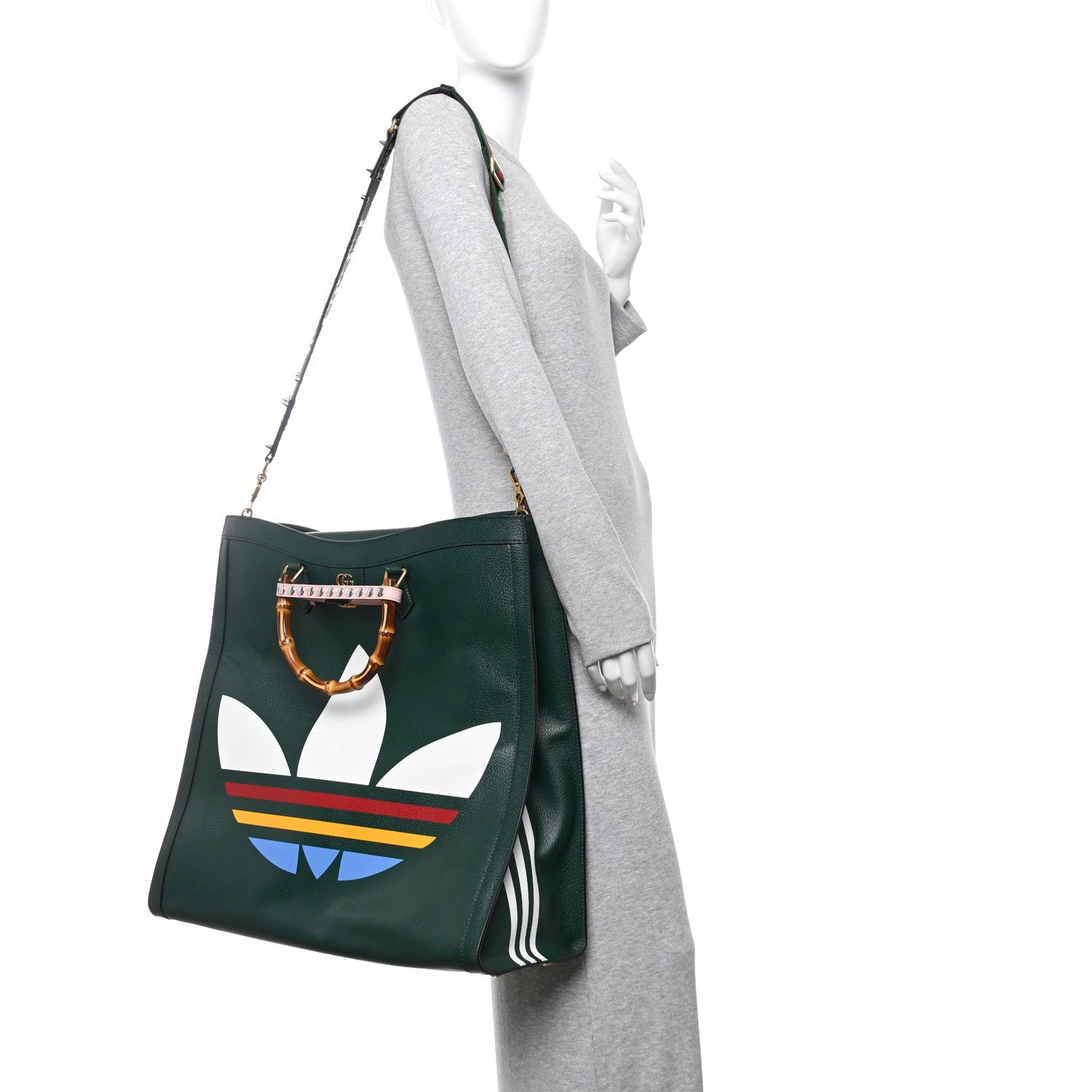 Gucci X Adidas Textured Dollar Calfskin Stripe Studded Maxi Diana Tote Bag Vintage Green Multicolor