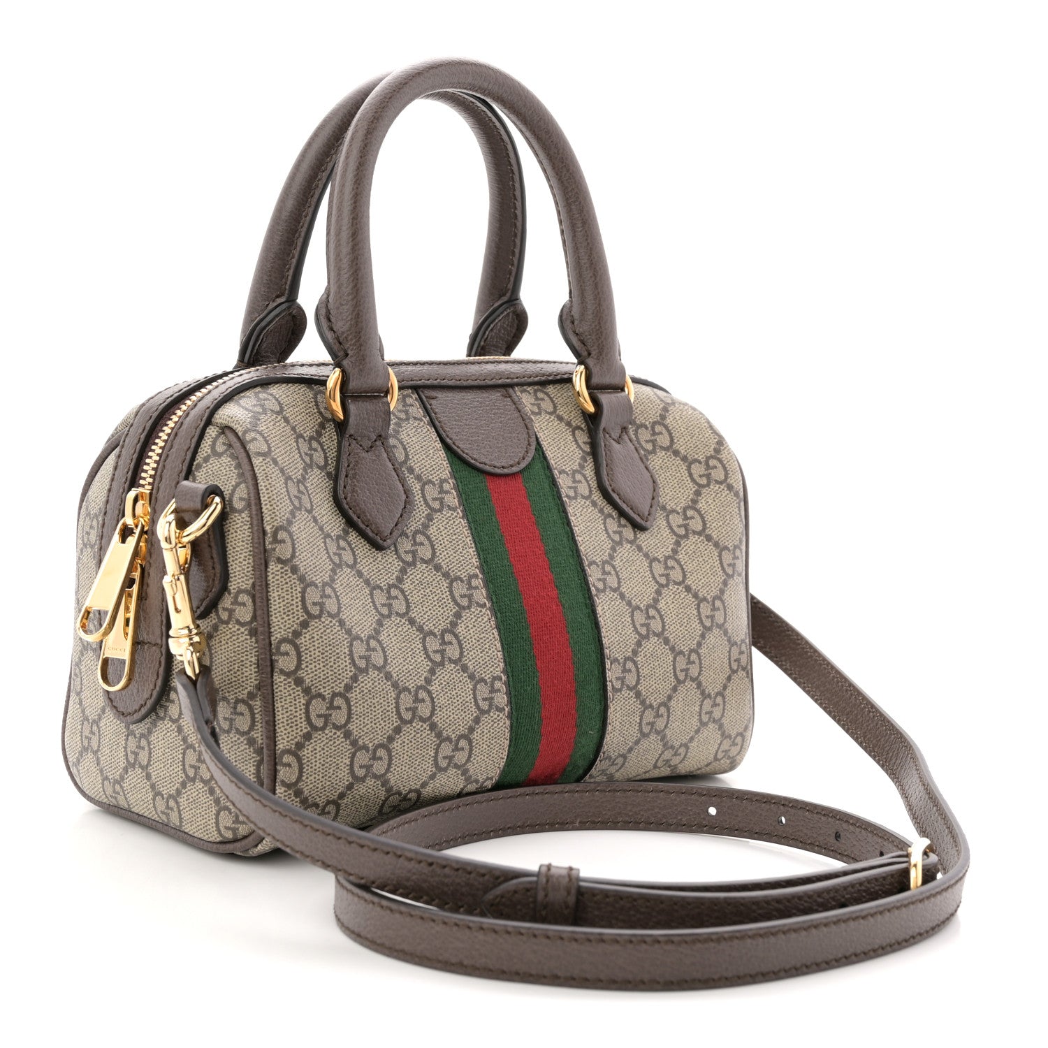 Gucci GG Supreme Monogram Textured Dollar Calfskin Web Mini Ophidia Top Handle Bag Beige Ebony New Acero