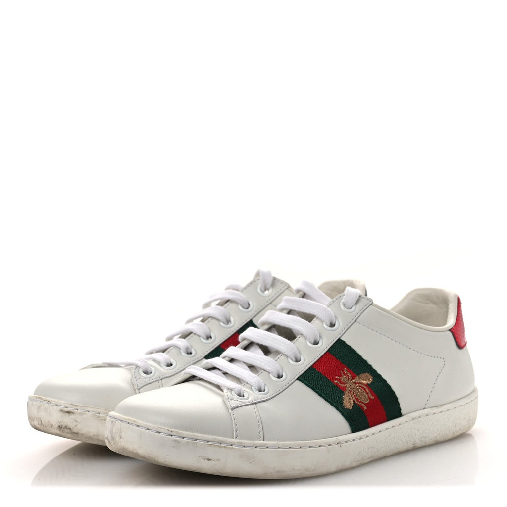 Gucci Calfskin Ayers Bee Embroidered Womens Ace Sneakers 36 White Green