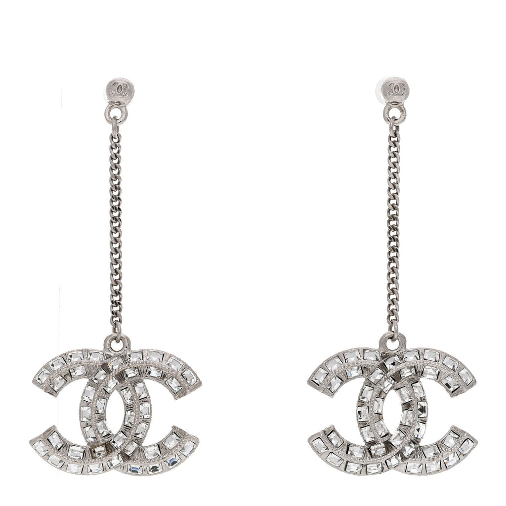 Baguette Crystal CC Drop Earrings Silver