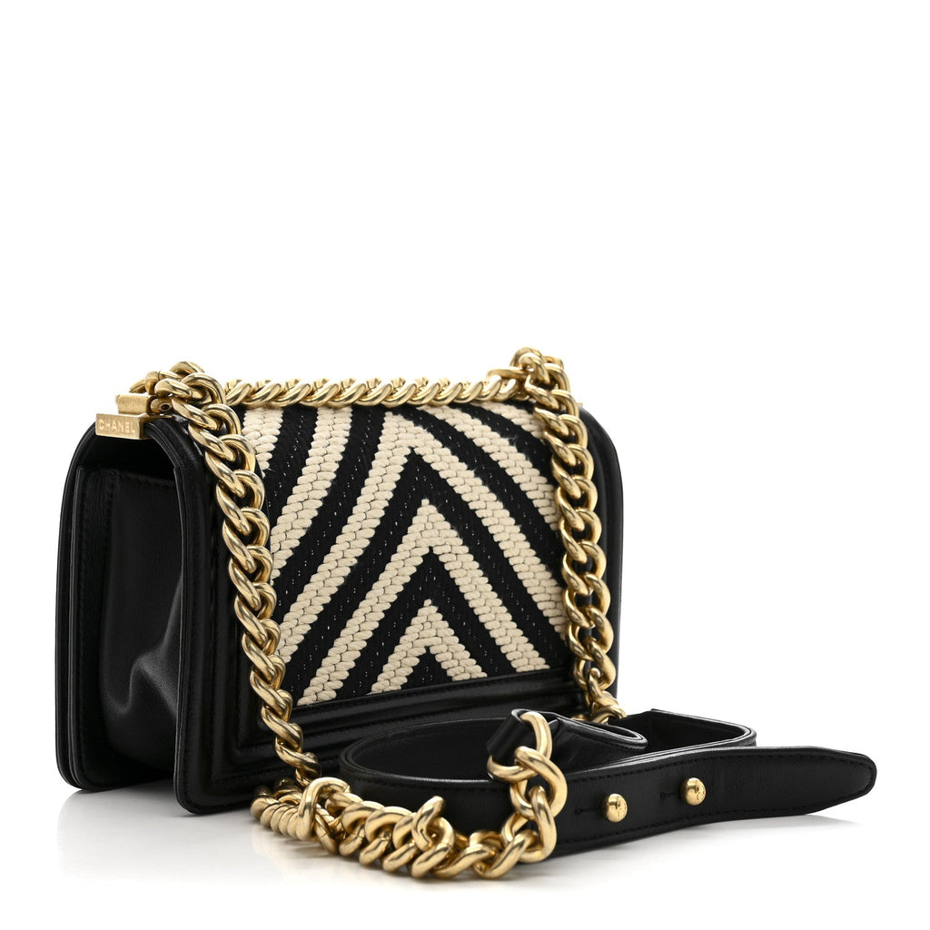 Chanel Fabric Chevron Braided Small Boy Flap Black White
