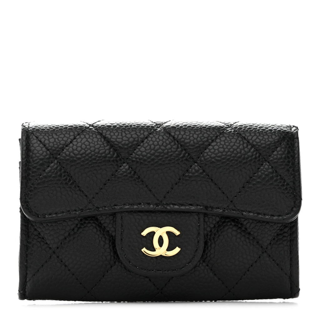 Caviar Quilted Flap Card Holder Wallet Black