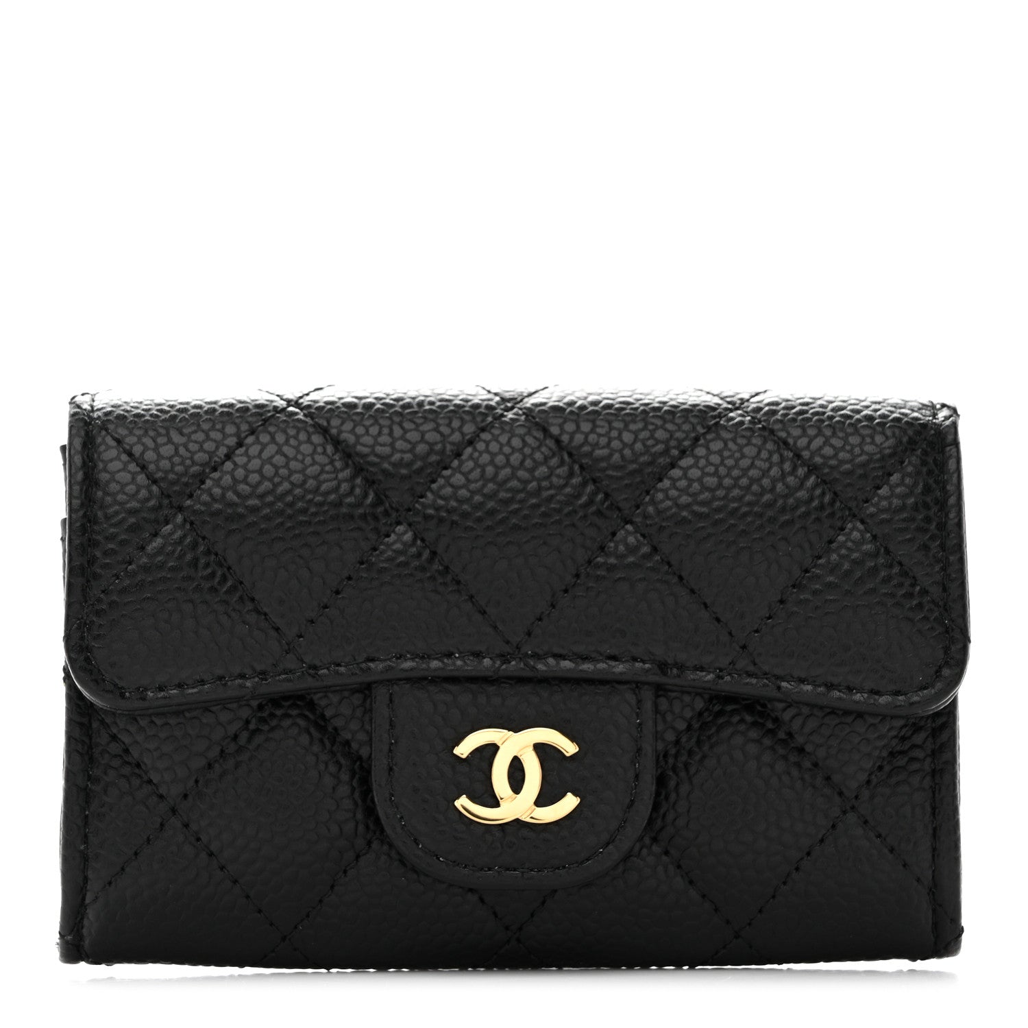 Caviar Quilted Flap Card Holder Wallet Black