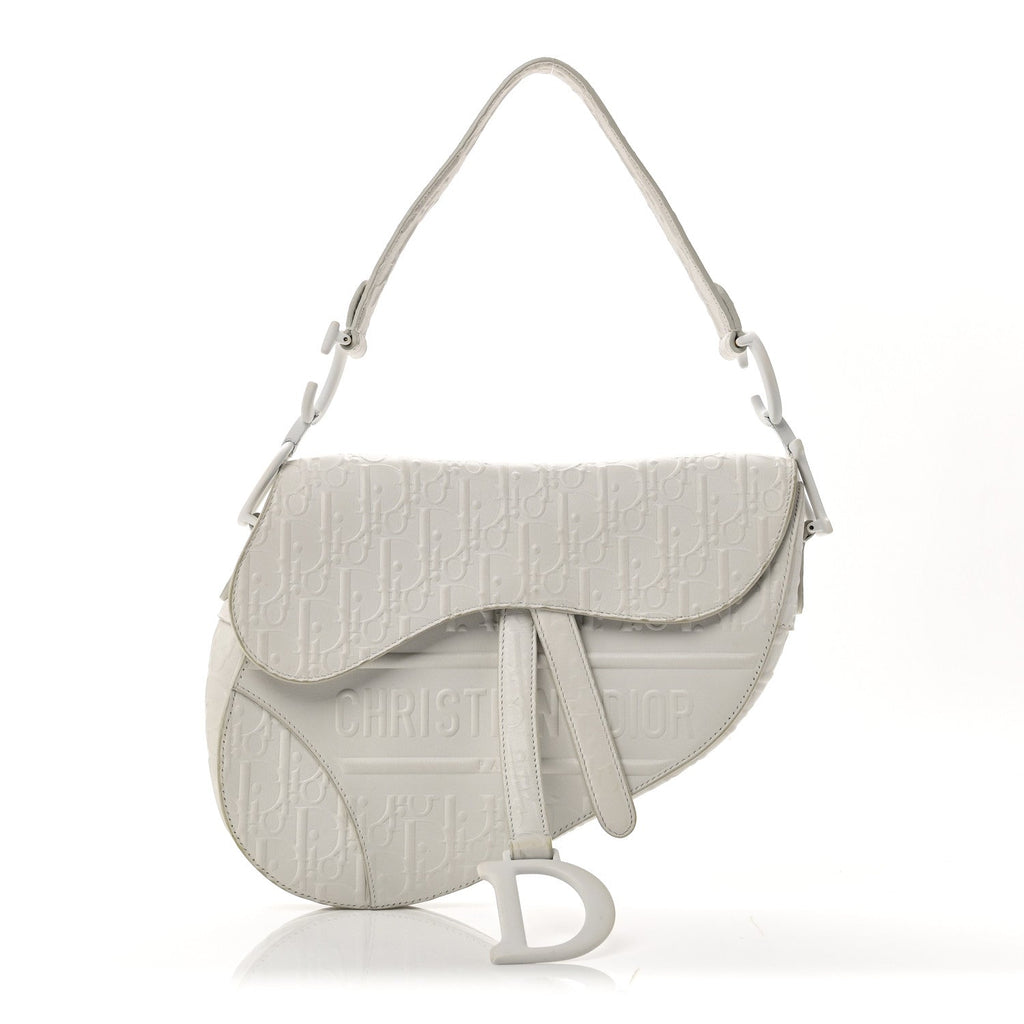Christian Dior Calfskin Embossed Oblique Saddle Bag White