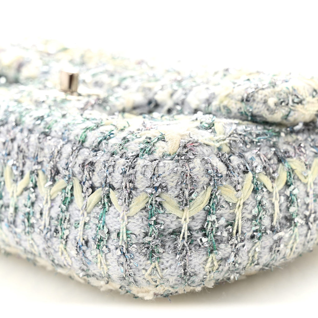 Chanel Tweed Quilted Mini Rectangular Flap Light Green Silver White