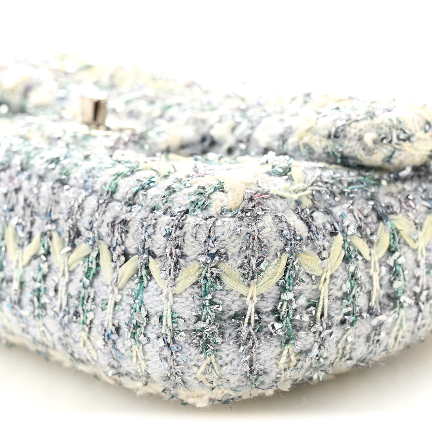 Chanel Tweed Quilted Mini Rectangular Flap Light Green Silver White