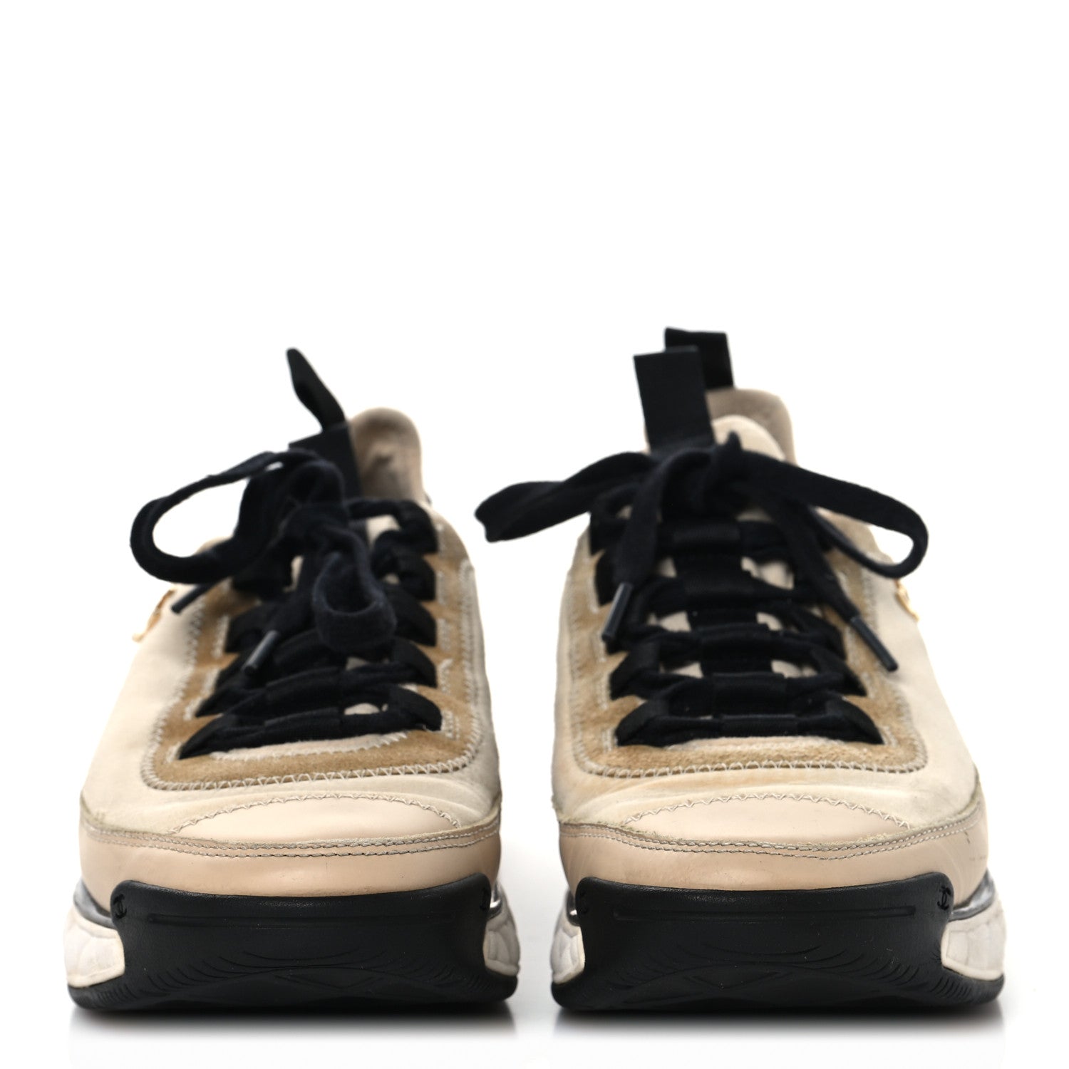 Chanel Velvet Calfskin Mixed Fibers CC Sneakers 37 Beige