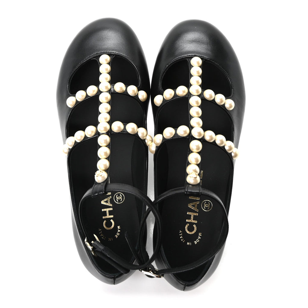 Goatskin Pearl Mary Janes Flats 35 Black