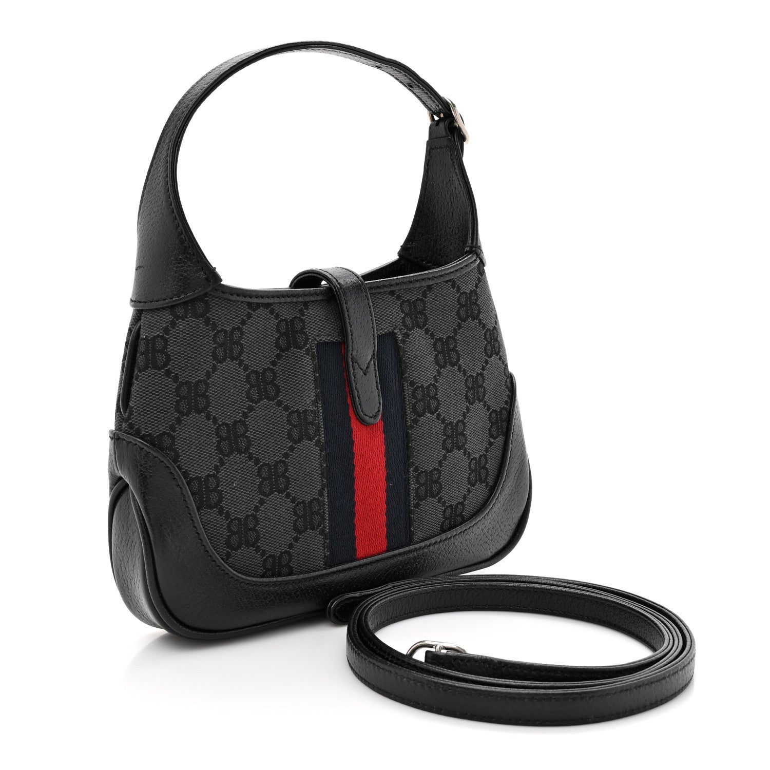 Gucci X BALENCIAGA BB Monogram Calfskin Web Mini Jackie 1961 Hobo Black