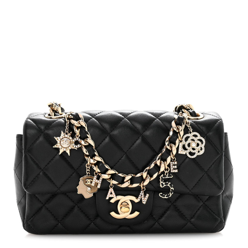 Chanel Lambskin Quilted Mini Coco Charms Rectangular Flap Black