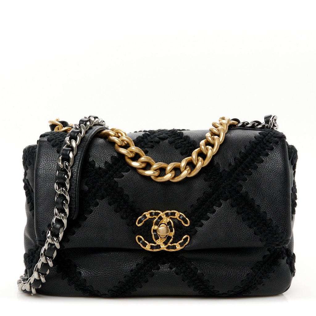 Chanel Calfskin Crochet Medium Chanel 19 Flap Black