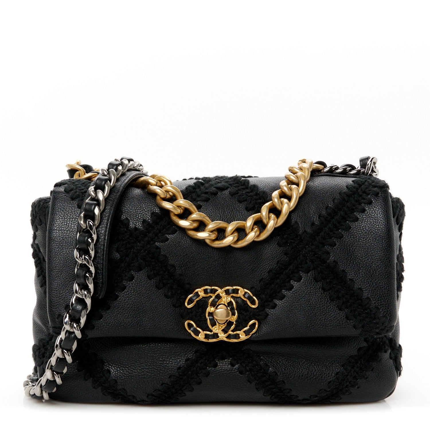 Chanel Calfskin Crochet Medium Chanel 19 Flap Black