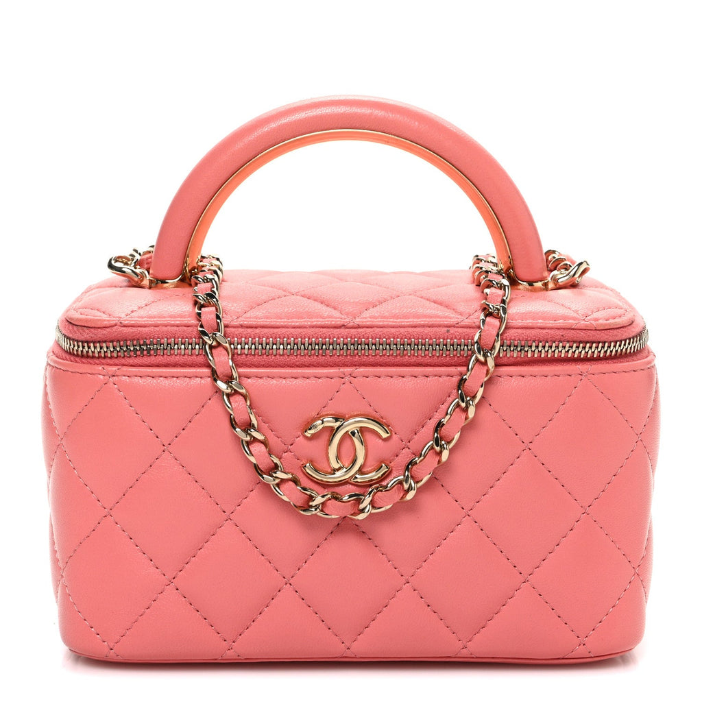 Chanel Lambskin Quilted Small Charming Top Handle Vanity Case With Chain Pink