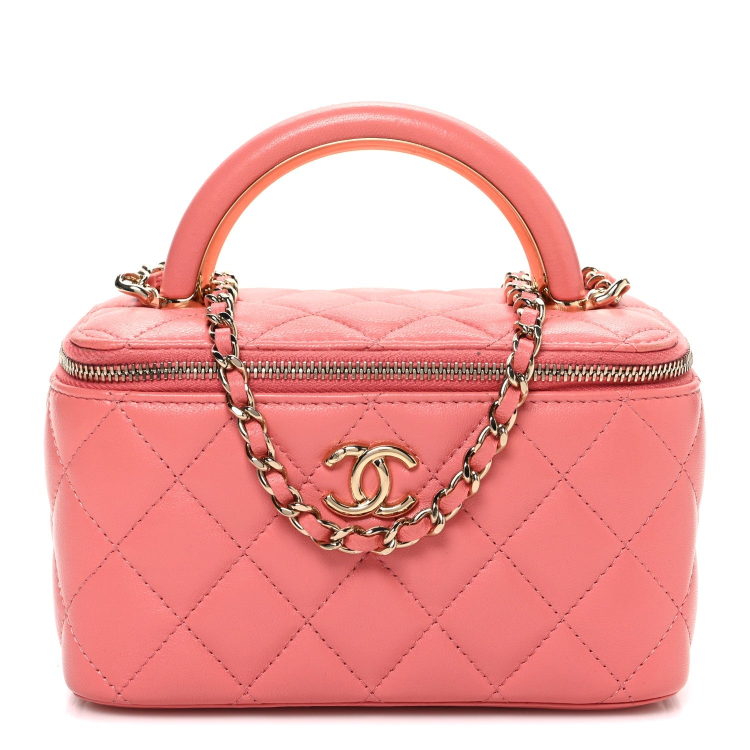 Chanel Lambskin Quilted Small Charming Top Handle Vanity Case With Chain Pink