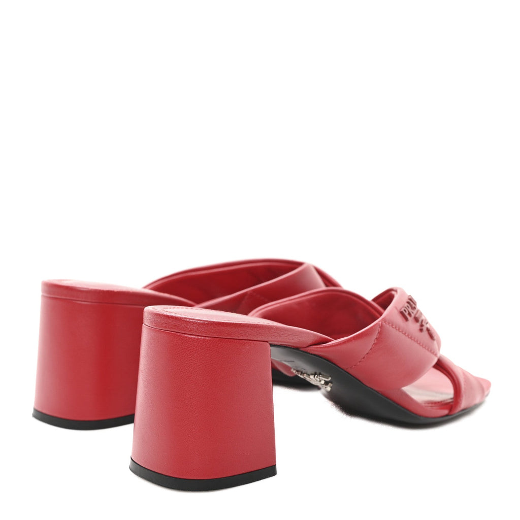 Prada Nappa Logo Quilted Crisscross 65mm Block Heel Slide Sandals 36.5 Red