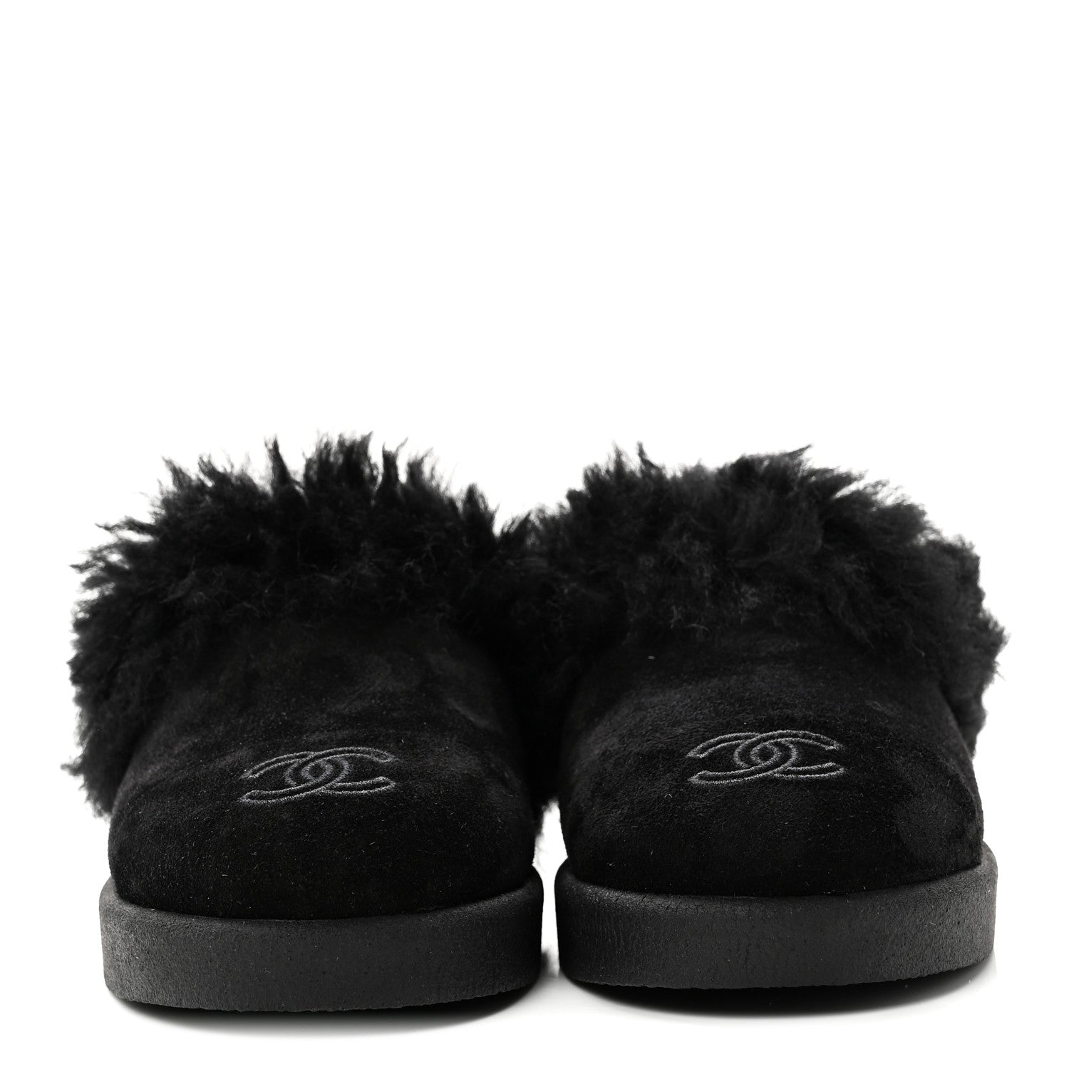 Chanel Suede Shearling CC Cap Toe Mules 36 Black