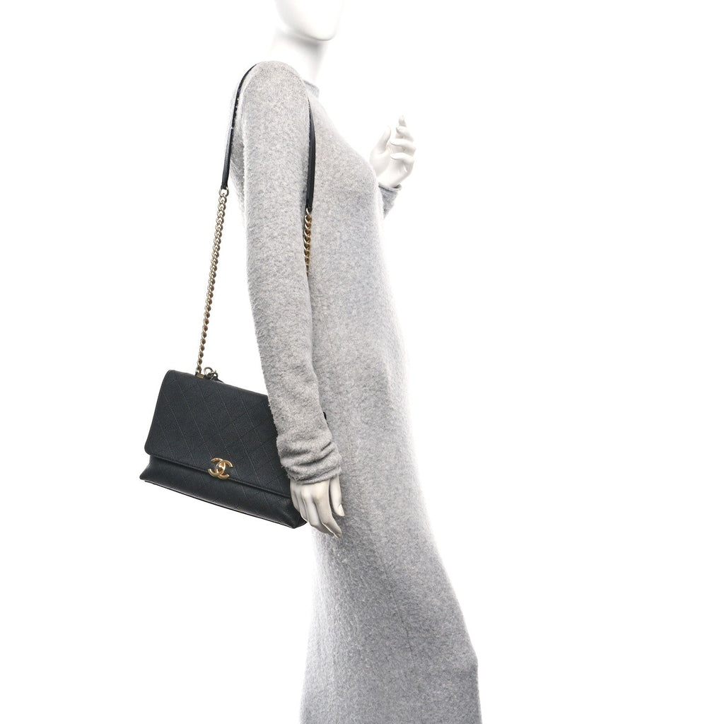 Chanel Caviar Diamond Stitched Top Handle Flap Black