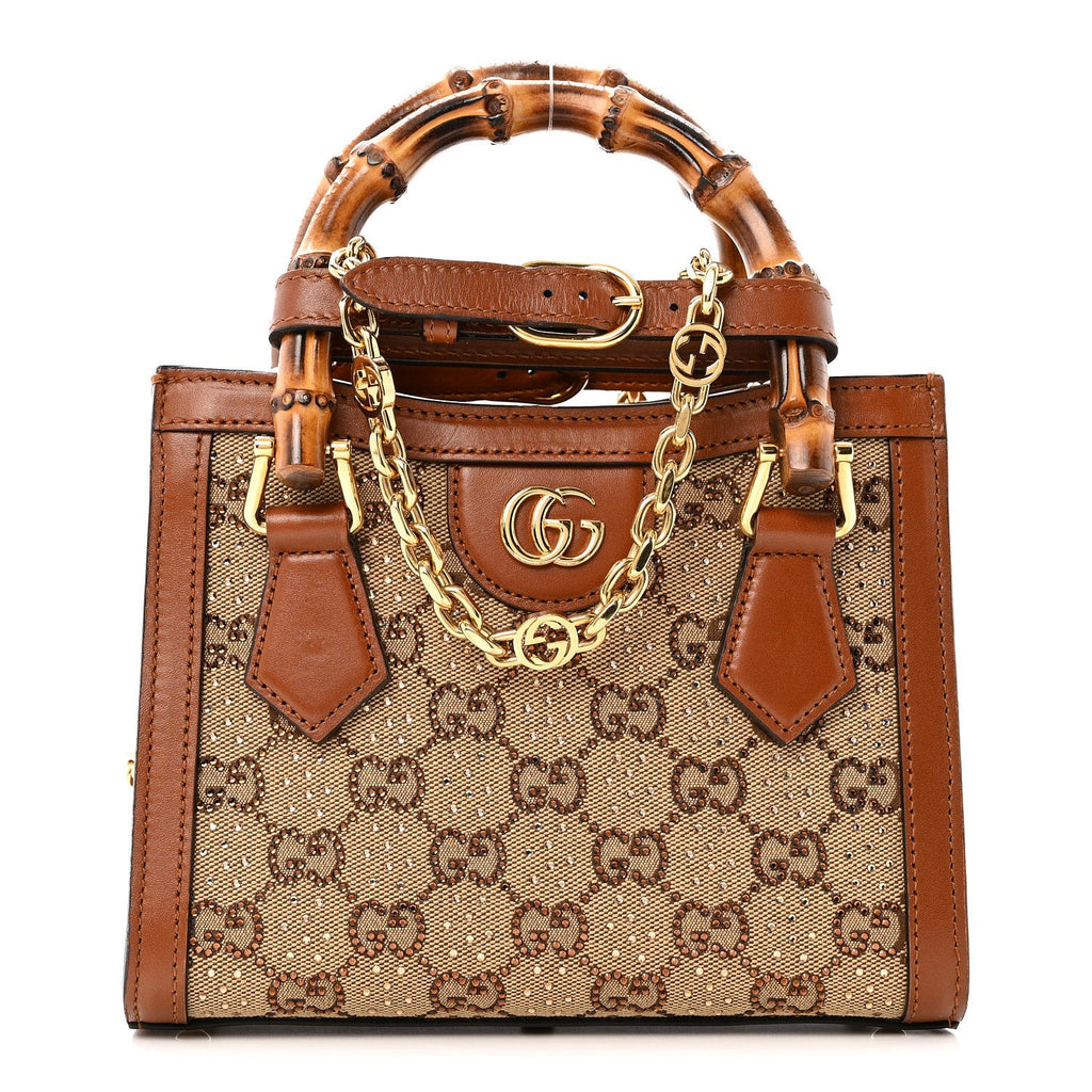 Gucci New Canvas Charisma Calfskin Crystal GG Monogram Mini Diana Tote Bag Camel Ebony