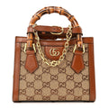 Gucci New Canvas Charisma Calfskin Crystal GG Monogram Mini Diana Tote Bag Camel Ebony
