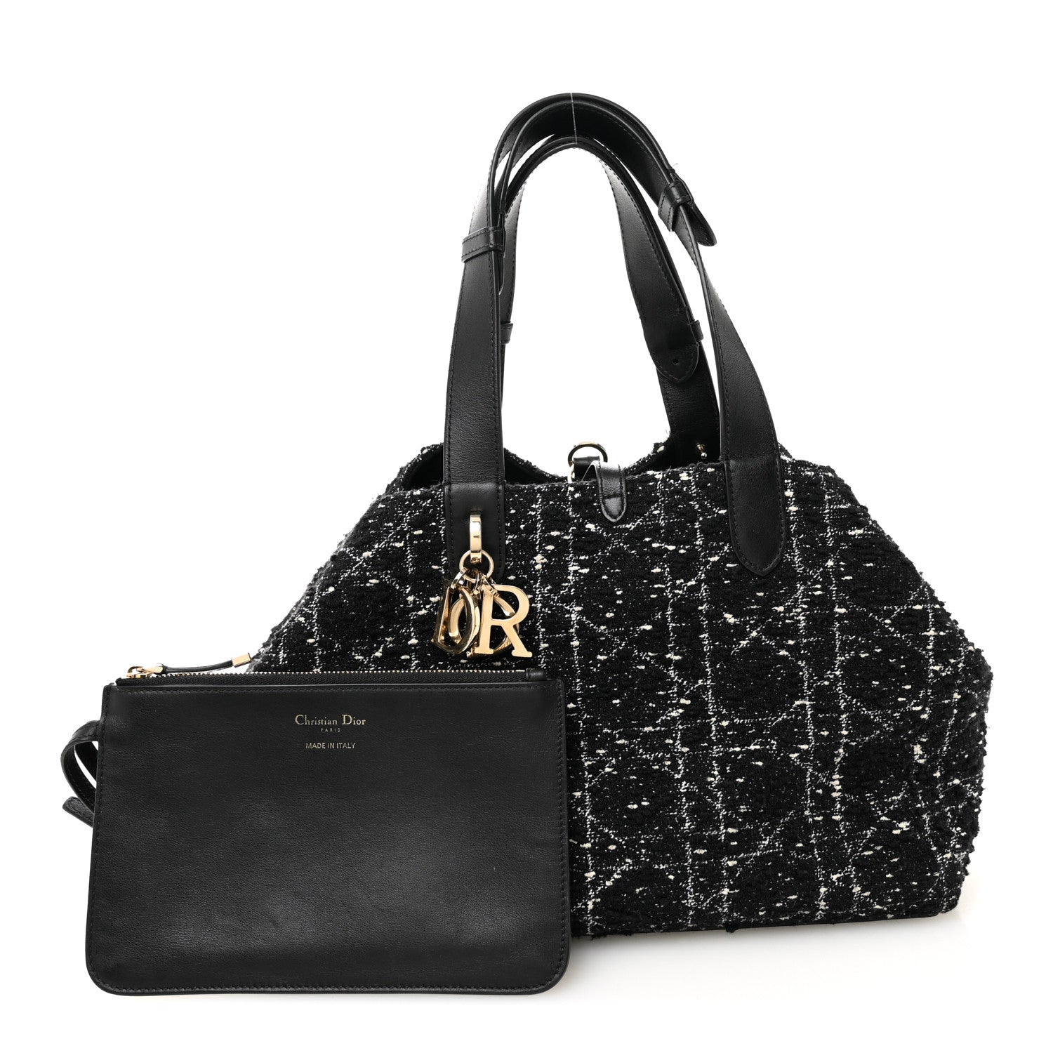 Christian Dior Calfskin Tweed Cannage Medium Toujours Black White