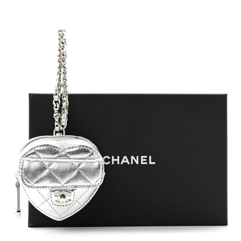 Metallic Lambskin Quilted CC Mini In Love Heart Bag Charm Silver
