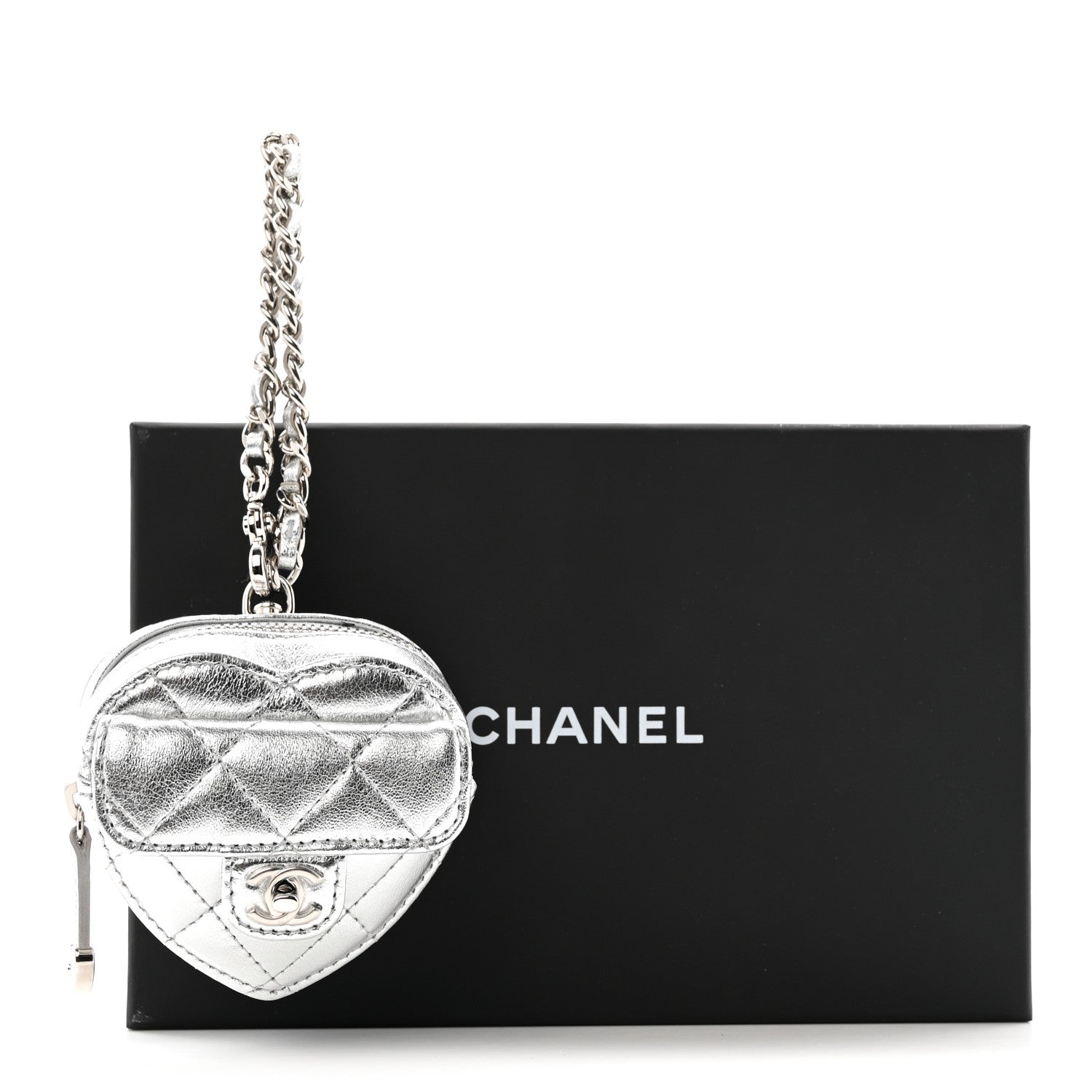 Metallic Lambskin Quilted CC Mini In Love Heart Bag Charm Silver