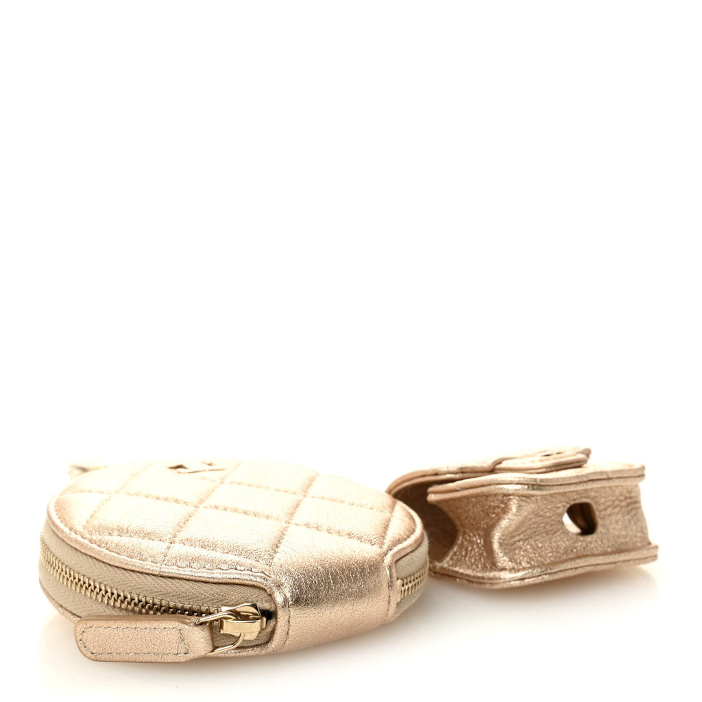 Metallic Lambskin Quilted Round Clip On Coin Purse Airpods Case Gold